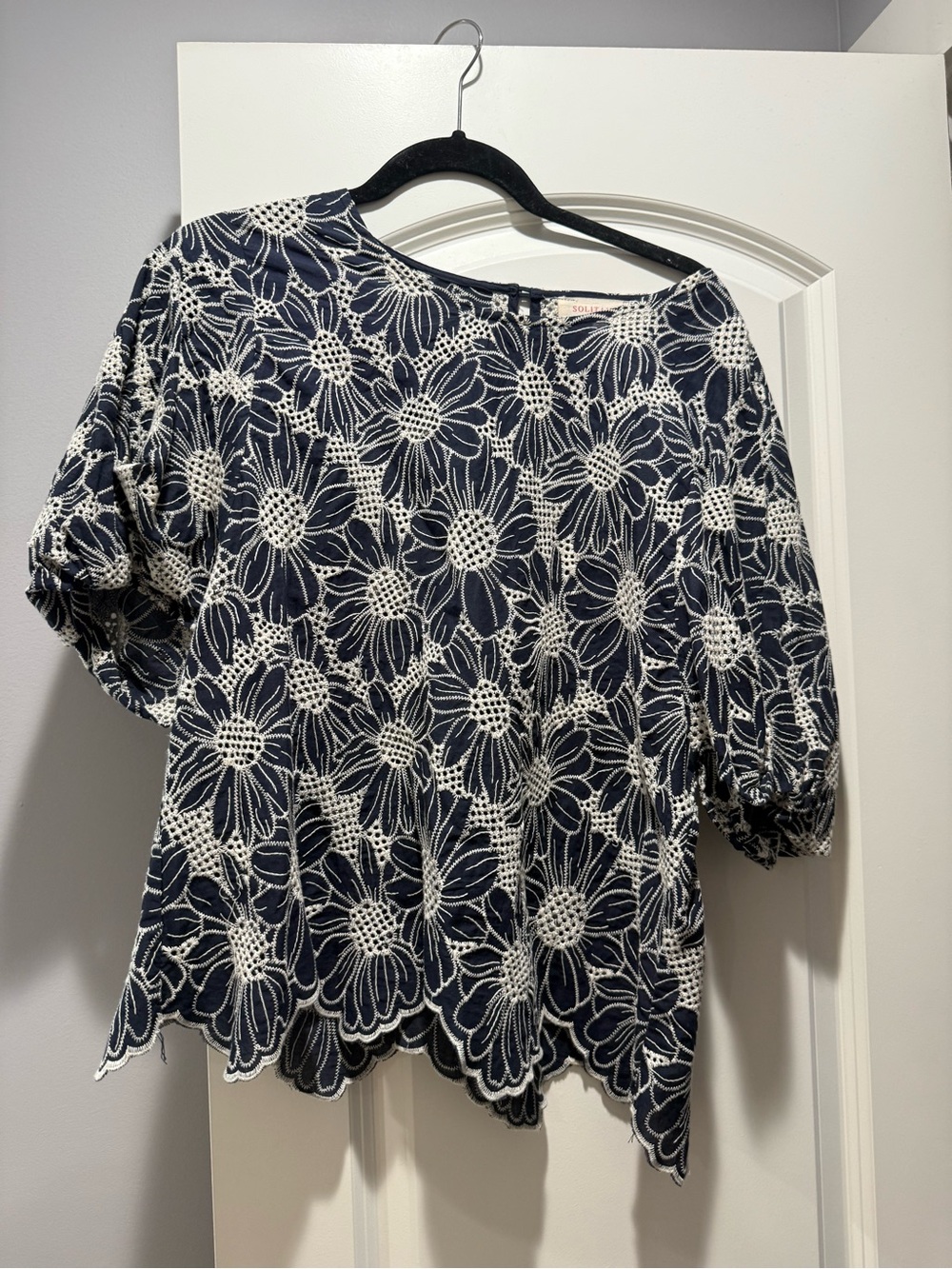 Solitaire Navy and White Floral Lace Overlay Women's Top